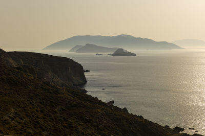 Scenic morning view of santorini from folegandros island  against clear sky