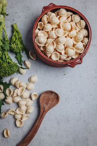 High angle view of chopped vegetables in bowl on table