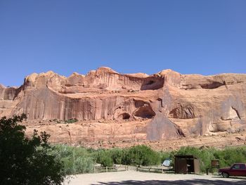 Scenic view of rock formations against blue sky