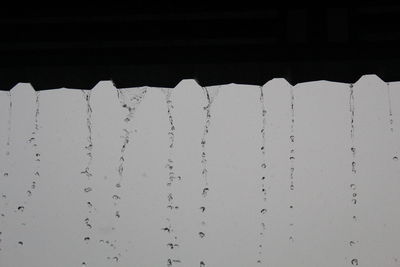 Close-up of icicles on roof against snow