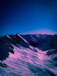 Scenic view of snowcapped mountains against blue sky