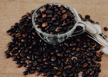 High angle view of coffee beans on table