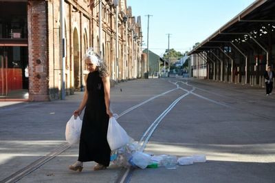 Woman walking on city street