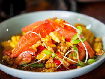 Close-up of salad in bowl on table