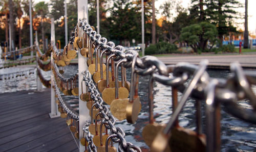 Close-up of padlocks on railing