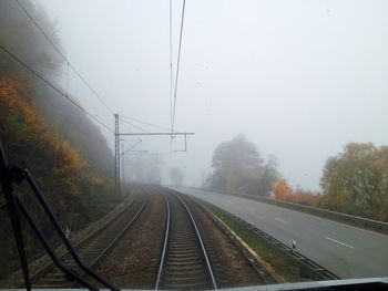 Railroad tracks seen through train windshield