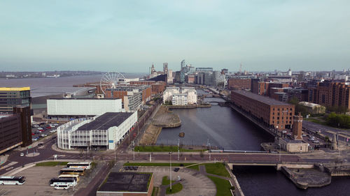 Liverpool city center , albert docks. drone aerial photo may 2022
