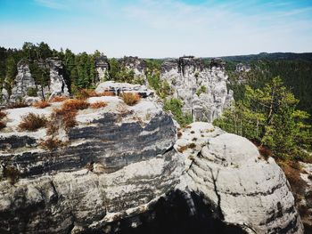 Rock formations on landscape against sky