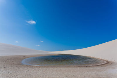 Scenic view of beach against blue sky