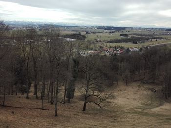 High angle view of trees on field against sky