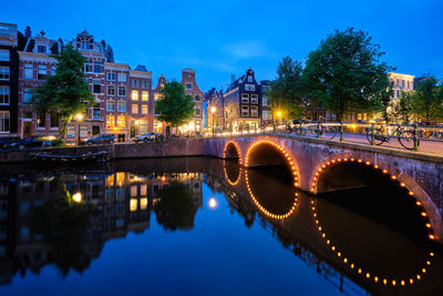 Amterdam canal, bridge and medieval houses in the evening