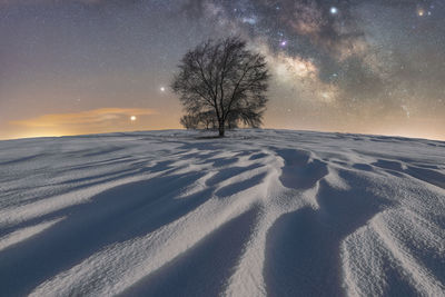 Scenic view of snow covered landscape against sky at night