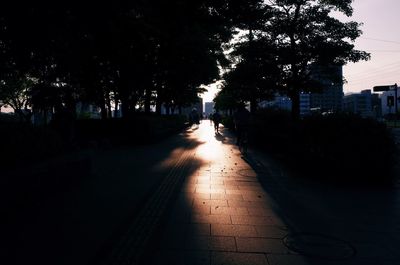 Street amidst silhouette trees against sky in city