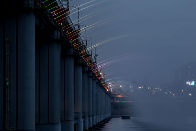 Low angle view of water flowing from bridge in river against sky at dusk