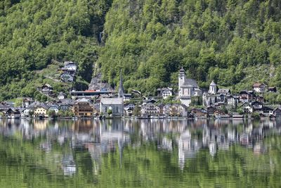 Scenic view of lake by trees and buildings