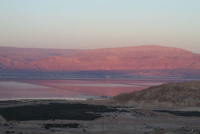 Scenic view of lake against clear sky during sunset