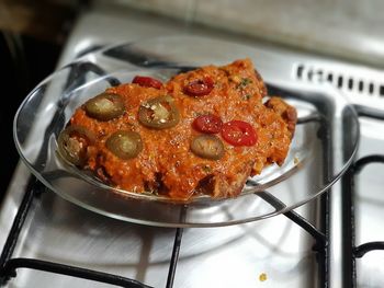 High angle view of pizza in plate