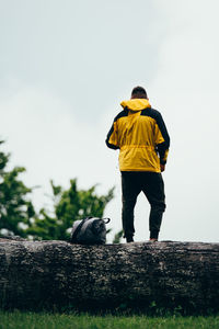 Rear view of man with dog against sky