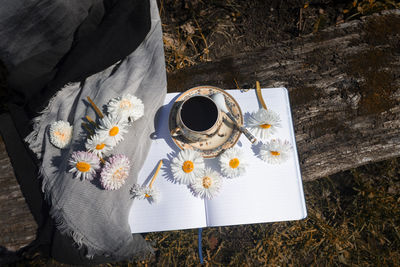 High angle view of coffee on table