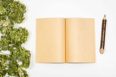 High angle view of books on table against white background