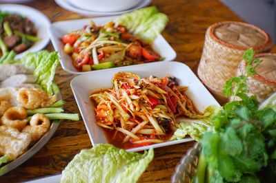 High angle view of food served on table