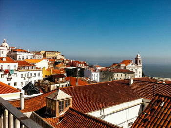 High angle shot of rooftops against blue sky