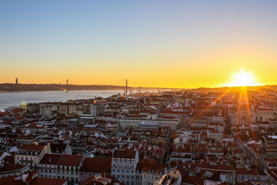 High angle view of buildings in city during sunset