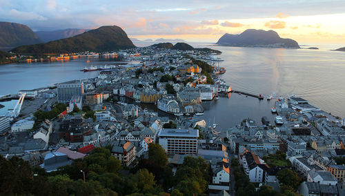 High angle view of town by sea