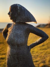 Close-up of statue by sea against sky during sunset