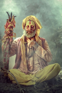 Sadhu wearing traditional clothing sitting