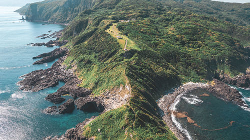 High angle view of sea and mountains