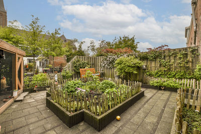 High angle view of potted plants against sky