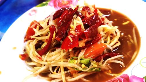 Close-up of noodles served in bowl