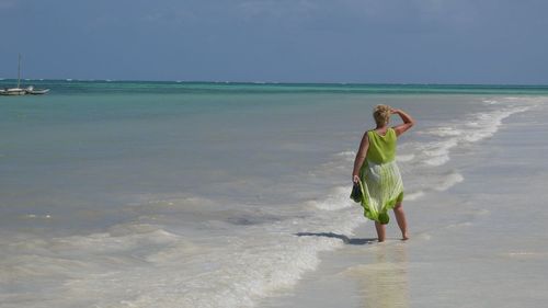 Rear view of man walking on beach