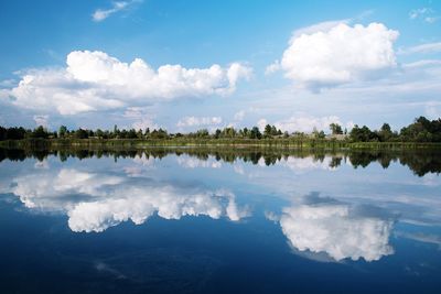 Panoramic shot of reflection of clouds in water