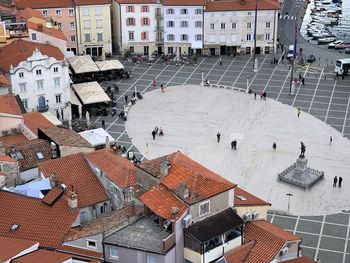 High angle view of houses in town during winter
