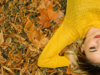 High angle portrait of woman lying on yellow autumn leaves