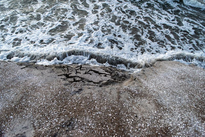 High angle view of water flowing on beach