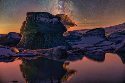 Scenic view of lake against sky at sunset