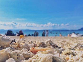Close-up of pebble beach against blue sky