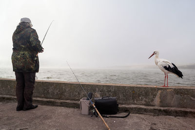 Bird on fishing rod by sea against sky