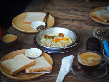 High angle view of breakfast on table