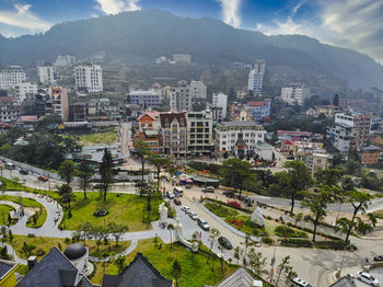 High angle view of buildings and street in city