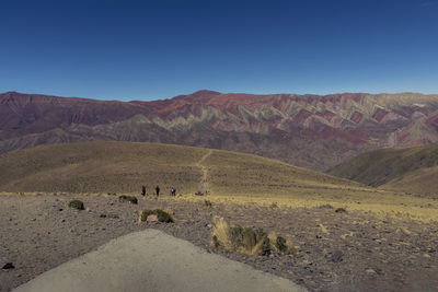 Scenic view of landscape and mountains against clear blue sky