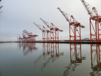 Cranes at berth against sky