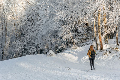 Rear view of woman hiking in forest. female hiker wearing yellow winter jacket and backpack.