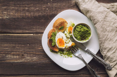 High angle view of breakfast served on table