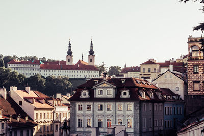 View of buildings in city against clear sky