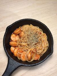 Directly above shot of food in frying pan on wooden table