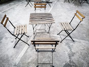 High angle view of empty bench on table